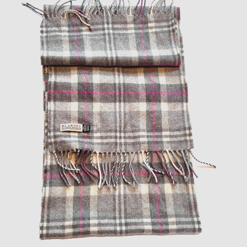 Scarf Blarney Country Heritage Woolen Mills Ireland Merino Wool Plaid Gray Pink
